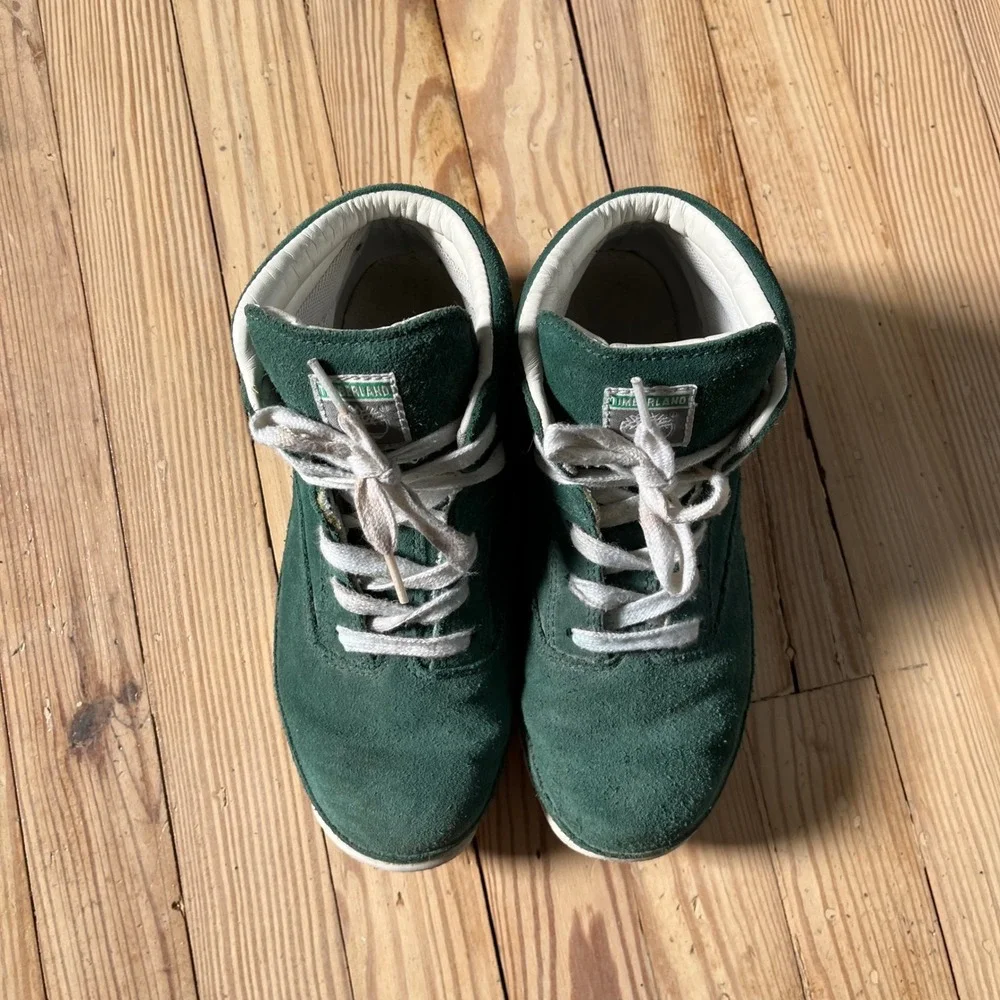 Timberland Suede Mid Top Boots Youth 6 Green Lace Up 30991M Embossed Logo